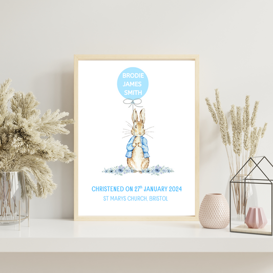 Peter Rabbit Bunny - Christening or Baptism Personalised Name Print