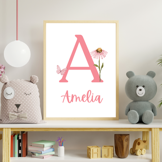 Flower & Butterfly Initial - Girls Personalised Name Print