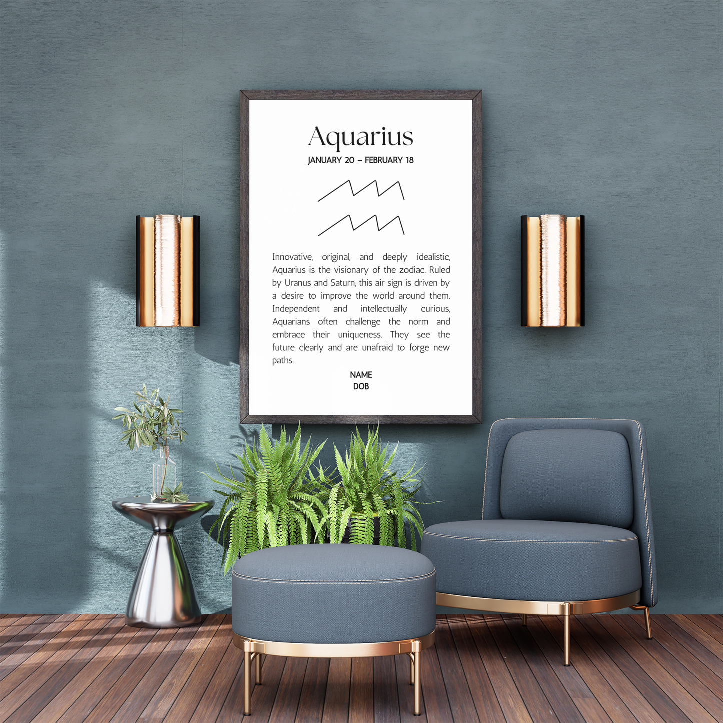 Framed personalised zodiac sign print with celestial design