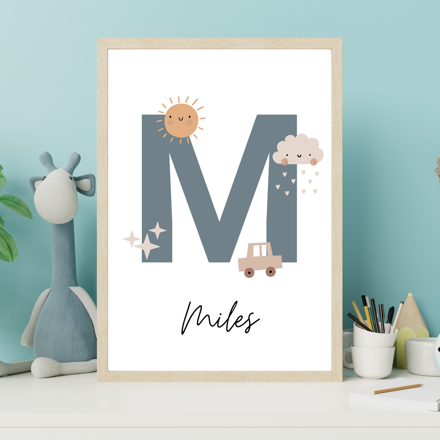 Sun, Cloud & Car Initial - Boys Personalised Name Print