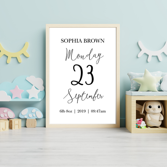 Elegant Script - New Baby Personalised Name print