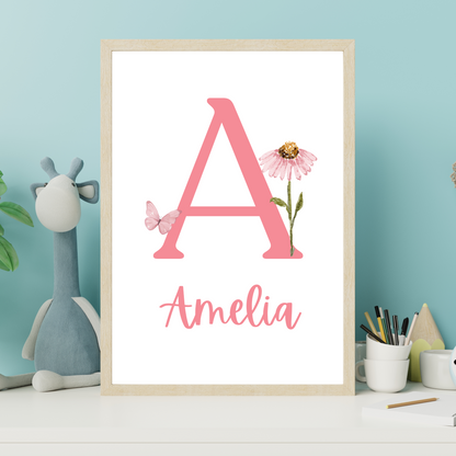Flower & Butterfly Initial - Girls Personalised Name Print