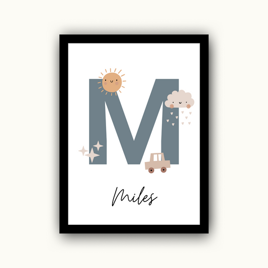 Sun, Cloud & Car Initial - Boys Personalised Name Print