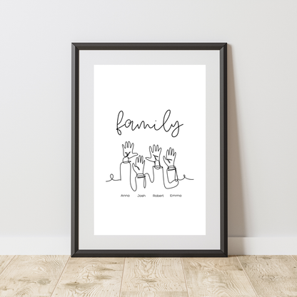 Family Hands Line Art - Home & Family Personalised Name Print