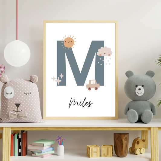 Sun, Cloud & Car Initial - Boys Personalised Name Print