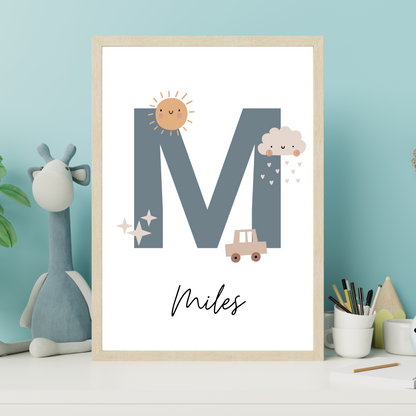 Sun, Cloud & Car Initial - Boys Personalised Name Print