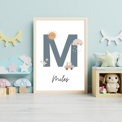Sun, Cloud & Car Initial - Boys Personalised Name Print